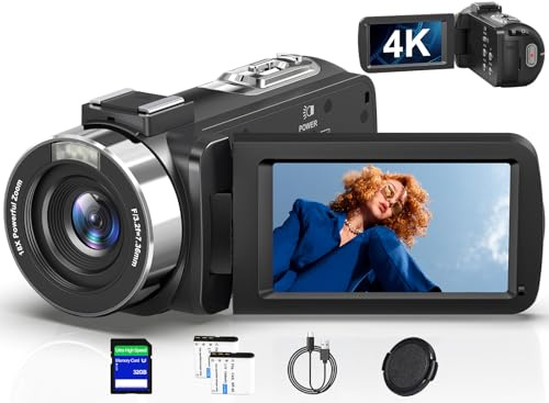 Video Camera Camcorder 4K, HD 80MP IR Night Vision Cameras, 18X Digital Zoom Webcam Video Recorder, 3.0 Inch 270 Degree Rotation IPS Screen YouTube Vlogging Camera with Two Batteries, and 32GB SD Card