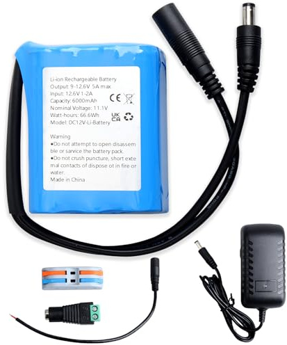 6000mAh 12V Rechargeable Lithium-Ion Battery, Suitable for Camera, MP3 Player, Camcorder, Electronic Keyboard, CCTV Camera, Router, Solar Panel, etc. (Includes charger and connector)
