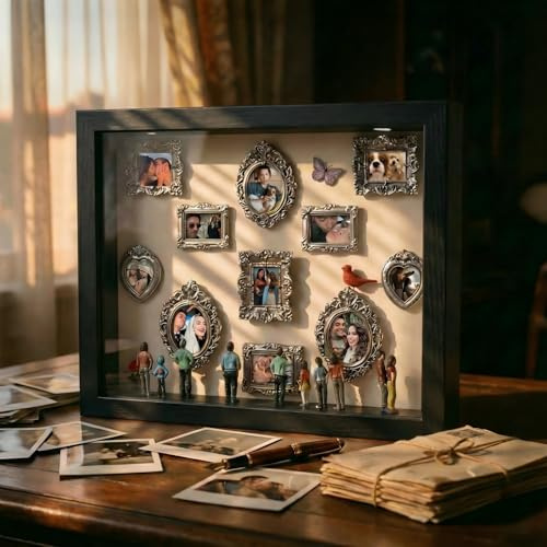 Mini Foto Museum Bilderrahmen Personalisiert Personalisierte Valentinstag Geschenke für Ihn Sie, 3D Miniatur Museum DIY Tiefer Schattenbox Rahmen Figuren Licht, Fotogeschenk zum Jahrestag Geburtstag