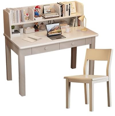 Esspoxi Kompakter Computertisch mit Stuhl und Regal, Home Office Arbeitsplatz aus Massivholz mit Stauraum & Schubladen, Sekretär Schreibtisch Set für kleine Räume & Wohnungen(Weiß,39.4in)