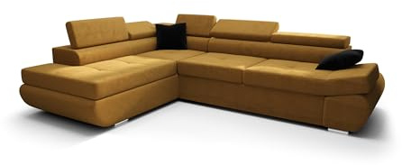 O-Sofa Ecksofa Kongo RBN03, Eckcouch in L-Form mit Schlaffunktion, Farbe: Gelb, Velourstoff, Ottomane Links