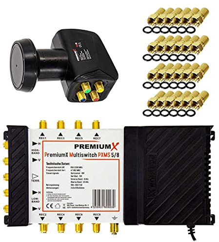 Premium X Multischalter Set 5/8 Multiswitch Quattro LNB 24x F-Stecker, Satverteiler 1 SAT für 8 Teilnehmer HDTV FullHD 4K UHD 8K