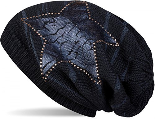 styleBREAKER Strick Beanie Mütze mit Vintage Stern Print und Strass Rand, Strickmütze mit Streifen Muster, Unisex 04024083, Farbe:Midnight-Blue/Dunkelblau