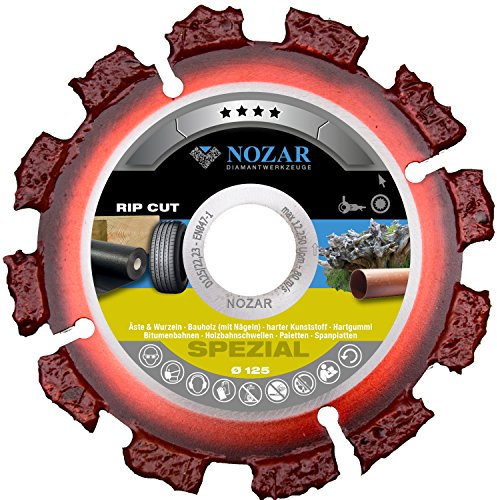 NOZAR Rip Cut Ø125 mm mit Bohrung 22,23 mm (6702161) Hartmetall-Trennscheibe für Holz inkl. Nägel, Hartholz, Dachpappe, Bitumenbahnen, Gummi, Kunststoff & dünne Bleche