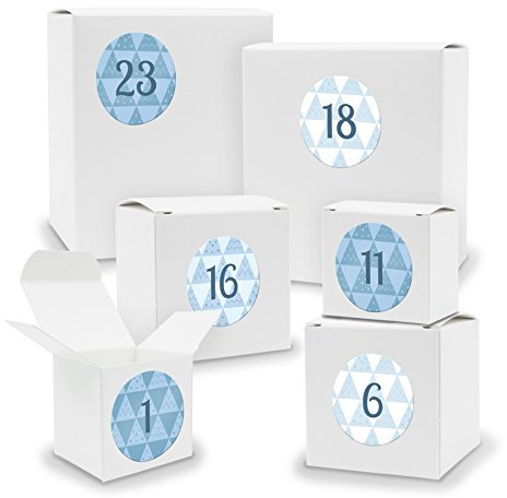 DIY itenga Adventskalender Set zum Selberbefüllen 24 Schachteln Quader und Würfel gemischt WEISS + ZahlenSticker (Motiv Z26 Retro Blautöne)