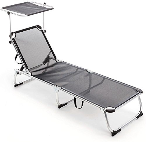 BAKAJI Lettino Prendisole con Tettuccio Parasole Brandina in Alluminio Pieghevole Sdraio Mare Spiaggia Giardino Salvaspazio (Grigio)