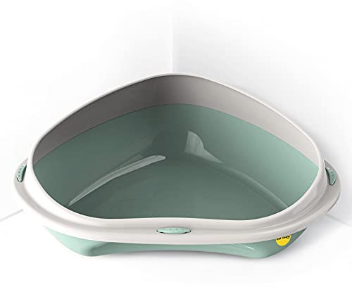 CAT CENTRE Green Large Corner Cat Open Litter Tray With Rim Kitten Pet Toilet Plastic Loo Pan Box Anti-Spillage Lowered Entry Step Rounded Corners Detachable Rim Easy Cleaning No Spilling