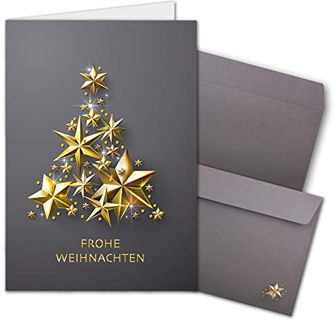 NEUSER PAPIER 10x Weihnachtskarten-Set DIN A6 in Grau mit goldenem Weihnachtsbaum aus Sternen - Faltkarten mit passenden Umschlägen - Weihnachtsgrüße für Firmen und Privat