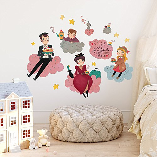 kina - Adesivo Murale Bambini Decorazione Parete Cameretta R00443 - Materiale Eco-Tessuto, Ecologico Anallergico, Riposizionabile, Effetto Carezza, Asilo Nido - Grafica Mary Poppins e Misura 120x30 cm