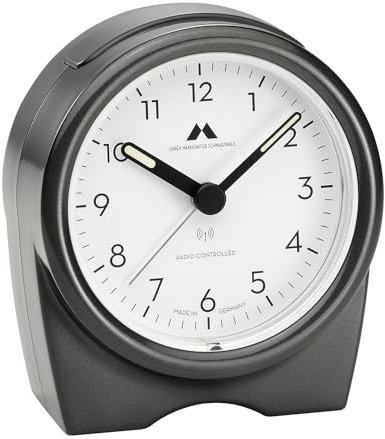 Uhren Manufaktur Schwarzwald Funkwecker, analog, leises Uhrwerk, mit Schlummerfunktion (Snooze) und ansteigendem Alarm (Crescendo), Farbe:Schwarz/Anthrazit