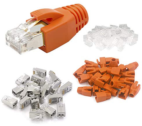 VCE Lot de 25 connecteurs réseau Cat6 - Fiche à sertir POE RJ45 - Pour câble de pose, fiche LAN blindée avec protection anti-torsion et aide à l'enfilage