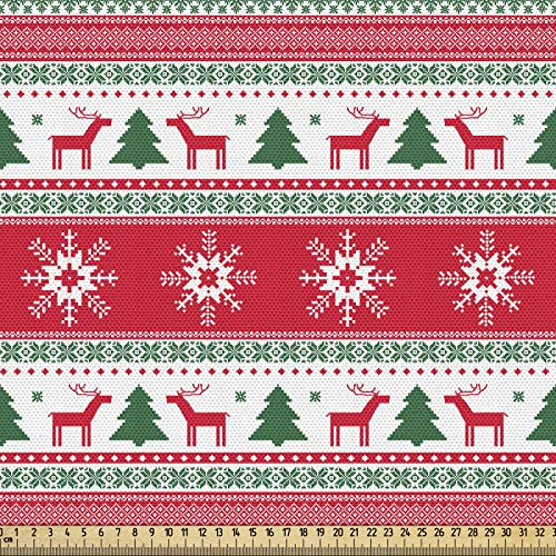 ABAKUHAUS Weihnachten Gewebe als Meterware, Reindeer Snowflake, Dicht Gewebter Stoff zum Nähen Polster Wohnaccessoires, 3M (148x300cm),Vermilion Grün Weiß