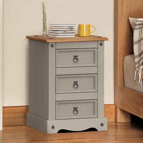 Corona Grey 3 Drawer Medium Bedside Cabinet Solid Wood Pine Wooden Side End Lamp Table Unit Bedroom Lounge Living Room Hallway Mexican Style 64cm High 45cm Wide 35cm Deep