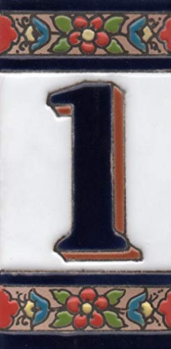 Hausnummern aus Keramik mit Zahlen und Buchstaben, rot, blau und grün, Blumenmotiv, Größe: 11 cm x 5,5 cm (Nummer 1)