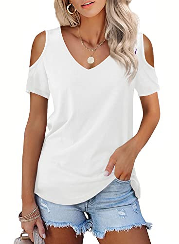 Beluring Women Short Sleeve Tops V Neck Cold Shoulder Tshirts White Size 18 20