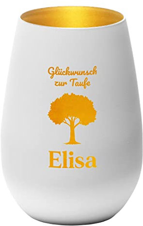 Windlicht aus Kristallglas in weiß-Gold mit personalisierter Wunschgravur - Motiv: Baum - Kerzen-Halter, Teelicht - runde Form - LED-Licht Deko-Idee - Taufe, Kirche - Geschenk für Kinder