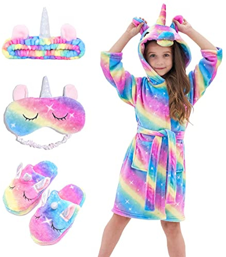 Piefry Weicher Einhorn-Bademantel mit Kapuze für Mädchen mit Einhorn-Pantoffeln, Augenbinde und Stirnband - Geschenke für Mädchen