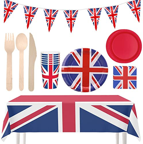 WedDecor Union Jack Plates Cups Napkins Serviettes Tableware, King Charles III Birthday Party Supplies Sporting Event for BBQ Pub Royal Theme, Total 412pcs Set