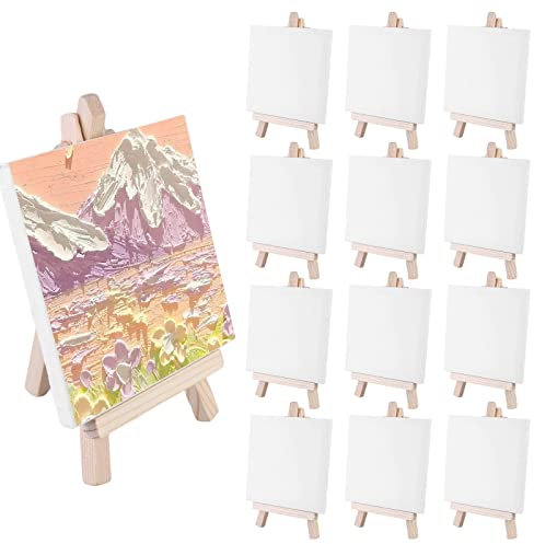 Mini Chevalet Toile: 12 Pièces Mini Chevalet Bois avec Toile a Peindre, Mini Toile et Set de Chevalet en Bois Naturel pour La Peinture, Le Dessin, l'art et Les Loisirs CréAtifs (10x10cm)