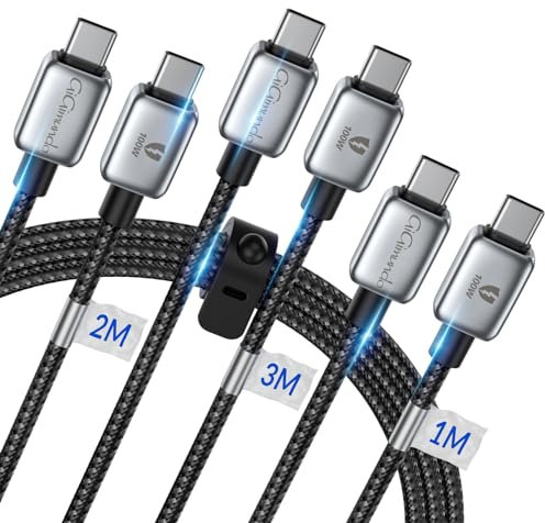 GiGimundo PD100W 3Pack USB-C to USB-C Charger Cable (1M 2M 3M), 20V/5A Fast Charging Cord for MacBook Air/Pro, iPad Air/Pro 2021 - Black, Braided Strip