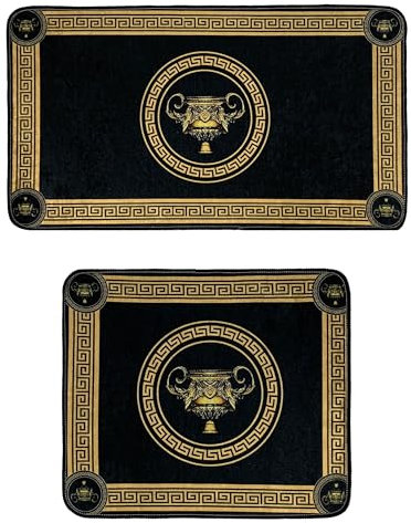 Badezimmerteppich Badematte Duschmatte Badvorleger Duschvorleger Set 2 teilig griechisches Amphore Mäander Muster in schwarz gold - rutschfest waschbar flauschig - 2er SET, Design2: Amphore