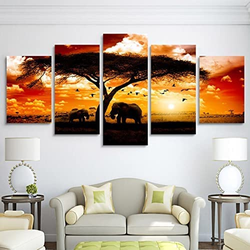 Bild Auf Leinwand - Leinwandbild - Afrikanische Tiere Unter Dem Elefantenbaum Rahmenlos 200 X 100 Cm - Wand Bild - Wanddeko - Leinwanddruck - Bilder - Kunstdruck - Wanddekoration - Leinwand Bilder -