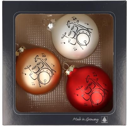 3er-Set Weihnachtskugeln mit Schlagzeug-Druck, Musik-Design, (Altgold/Rot/Silber matt)