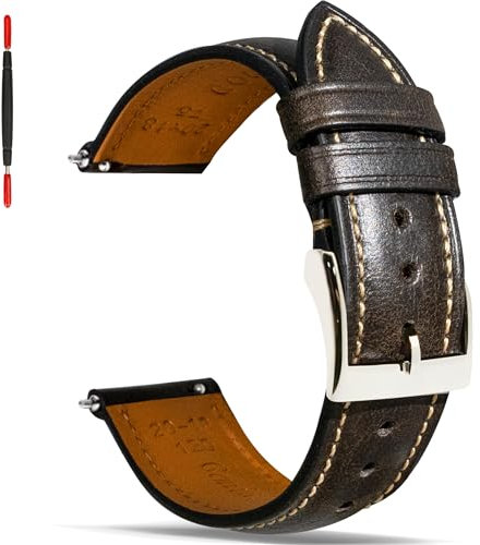 Gomvadr Quick Release Lederarmband, Vintage Öl gegerbt Pull-up Lederband Ersatz Uhrenarmbänder Männer Frauen 14mm 16mm 18mm 19mm 20mm 21mm 22mm 24mm (22mm, Ash Black/Silver Buckle)