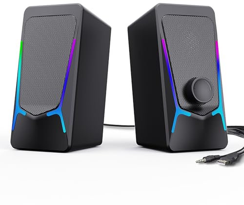 ROSON Altavoces para computadora, altavoces de PC para juegos con control de graves y volumen mejorados, estéreo 2.0 alimentado por USB, altavoces multimedia auxiliares de 3.5 mm para portátil