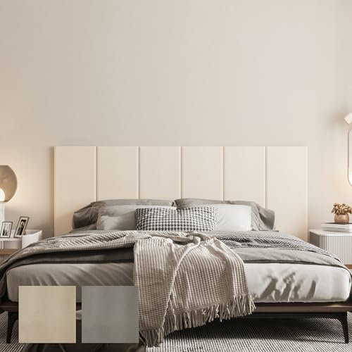 Johnear Bett Kopfteil Wandpolster, Wandpaneele Gepolstert Leder, Pack von 6 3D Wandkissen Selbstklebend, Wasserdicht Wandpolster Kinderzimmer, Akustik Wanddekoration, 90×30cm,Beige