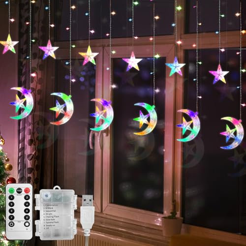 Jsdoin Ramadan Window Lights 3.5M LED Stars Moon Curtain Light Christmas String Fairy Lights with USB+Battery-Powered and 8 Flashing Modes for Ramadan, Wedding Decoration(Multi Colored)