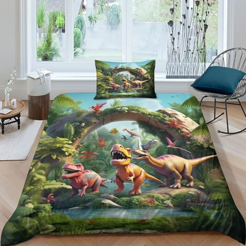 Dinosaurio Juego De Sábanas Y Fundas Nórdicas Impresas En 3D Microfibra Suave Dinosaurio Salvaje Fundas De Almohada Cremallera Adecuado Para Niños Adolescentes Y Adultos 2 Piezas Individual（135x200cm）