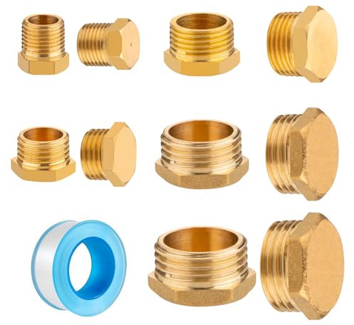 10 Stück Blindstopfen Wasserleitung, Blindstopfen 1/2 1/4 1/8 3/4 3/8 Zoll Messing Kappe, Schlauchkappen Sechskant mit Dichtung Rohmaterialband Gewindekappe Messing für Garten Wasserleitung
