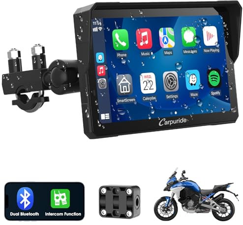 Carpuride W702 Pro Motocicleta Pantalla Carplay con Intercomunicador Función, Inalámbrico CarPlay y Android Auto, Portátil 7 Pulgadas Impermeable Pantalla Táctil, Dual Bluetooth, Navegación, Brújula.