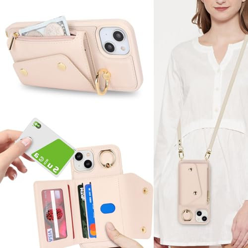 Zouzt for iPhone 15 Plus Case with Card Holder and Strap, Card Slots Zipper Wallet Phone Case PU Leather Crossbody Lanyard Drop Protection Cover for iPhone 15 Plus 6.7 inch - Beige