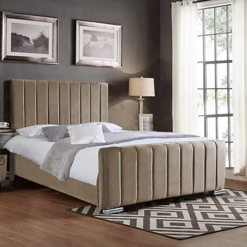 A. H Beds Panel Line Upholstered Double Bed Frame with Headboard and Footboard - 4FT6 - Mink Plush Velvet