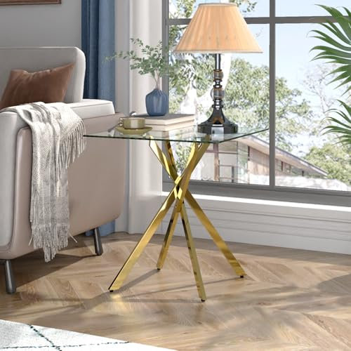 GOLDFAN Small Glass Table, Sofa Side Table with Gold Chrome Legs Modern Night Stand Side Tables Bedroom Square End Tables Living Room Home(GOLD)