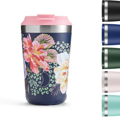 Chilly's Original Coffee Cup - Thermal Travel Mug For Cold & Hot Drinks - Reusable Cups with Lids - Double Walled Vacuum Insulated Mug - Stainless Steel - 340ml - Climbing Camellia