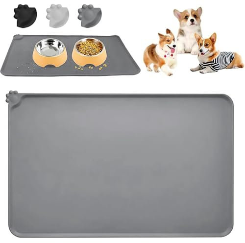 Dog Cat Feeding Mat, Non Slip and Waterproof Silicone Pet Food Mat, Spill Proof Dog Cat Bowl Mats, Washable Pet Placemat Food Bowl Tray for Dogs Cats Pets Keep Floors Clean(Grey)