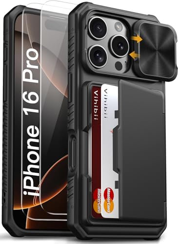 Vihibii for iPhone 16 Pro Case with [2X Screen Protector], Built-in Card Holder (4 Cards), [RFID Blocking] & Slide Camera Cover & Tempered Glass Films, Rugged Wallet Case for 16 Pro 6.3 2024, Black