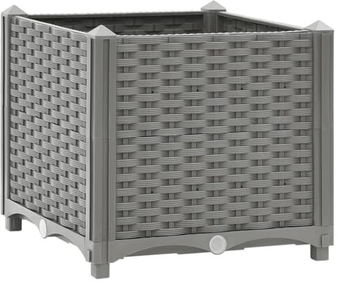 Myheimly Hochbeet 40x40x38cm Kräuterbeet Gemüsebeet zum Selber Bauen, Blumenkasten im Rattan-Look, Pflanzkasten für Garten Terrasse Balkon Polypropylen Hellgrau