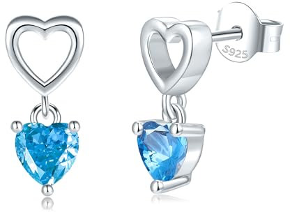 Lovans kleine Herz Ohrstecker Silber 925 Damen Gold Ohrringe Stecker mit Zirkonia, Hängend Ohringe Schmuck für Mädchen Frauen Freundin Tochter, mit Schmuckbox (Silber-Blauer Zirkonia)