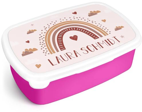 GRAVURZEILE Bedruckte Lunchbox - Regenbogen - Personalisiert mit Namen - Brotdose für Kinder - Individuell bedruckt mit Wunschmotiv - Platzsparend stapelbar - Perfekt für Schule & Kita - Farbe: Pink