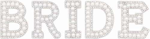Braut Bügelbuchstaben für Textilien 5 Stück Hochzeit Aufbügeln Buchstaben Strasssteine Buchstaben zum Aufnähen Weiß Perlen Bügelbilder Aufnäher für Kleidung, Hüte, Schuhe, Bastelbedarf