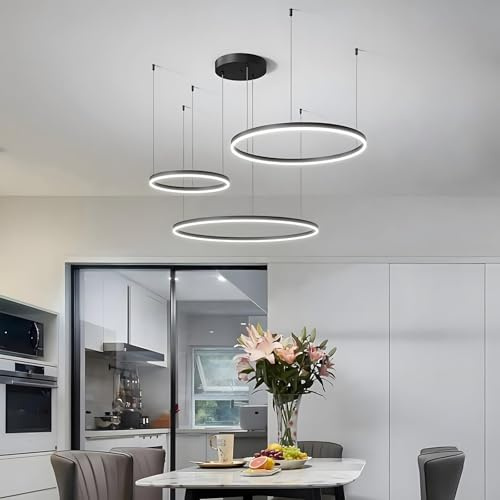 SJUN Moderner LED-Kronleuchter DIY Kreis LED-Pendelleuchte Metall + Acryl Fernbedienung Dimmbar Runde Deckenleuchte Wohnzimmer Schlafzimmer(Nero,A-20+40+60CM)