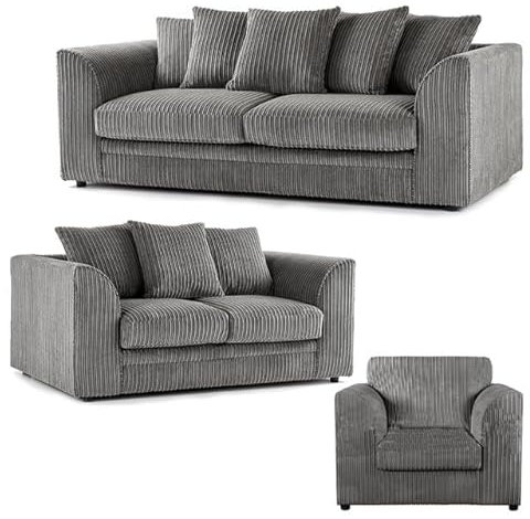 Furniture 786 Grey Seater Sofa - 3 and 2 Seaters 1 Single Arm Chair Fabric Sofa Set - Three Piece Settee Suites - Corner Sofas & Couches For Indoors Lounge Living Room (Jumbo Cord)