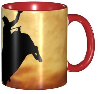 Hzhuaoeg Cool Bull Riding 11 Oz Coffee Mug, Ceramic Mug Tea Cup with Handle for Office and Home Hot Drinks Tea and Coffee Red
