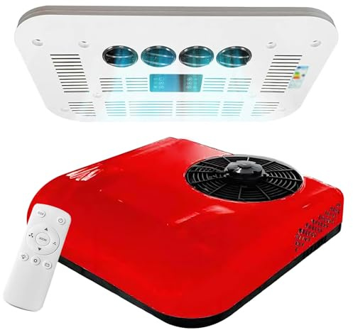 Climatiseur De Toit pour Camping-Car DC 12V/24V, Climatiseur De Stationnement, Compresseur De Climatisation Mobile pour Camionnettes, Véhicules Tout-Terrain, Camions, Camping-Cars,Red-24V