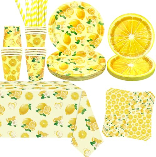 Obussgar Lemon Party Decoration - Lemon Birthday Party Tableware Supplies Includes Plates, Cups, Napkins, Tablecloth, Straws - Serves 20 (Yellow)