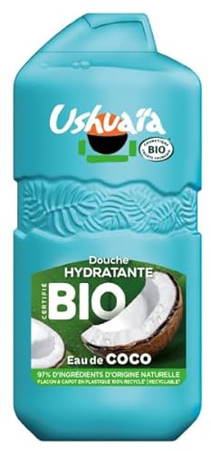 Ushuaïa Douche Hydratante Bio Eau de Coco Parfum Gourmand 280ml | Mousse onctueuse, Flacon 100% plastique recyclé, 18% plastique en moins, Expérience sensorielle